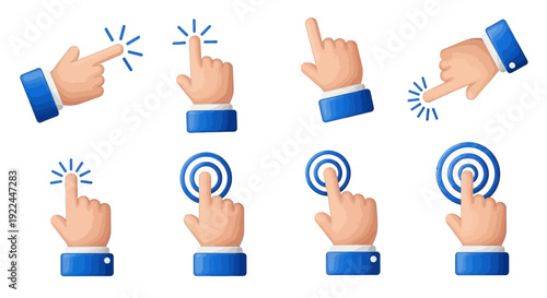 Collection of eight cartoon-style illustrations depicting a human hand performing various clicking actions with a finger, set against a white background.