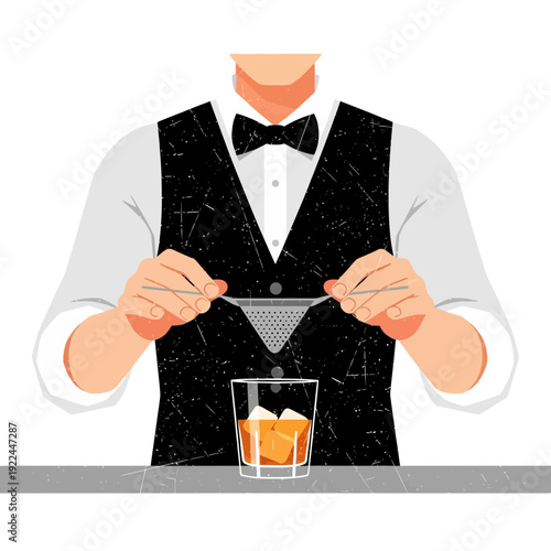 Bartender straining cocktail into glass with ice