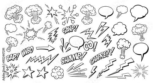 A collection of comic book style sound effect elements, including explosions, speech bubbles, and lightning bolts.