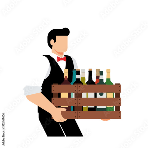 Waiter carrying wooden crate full of wine bottles