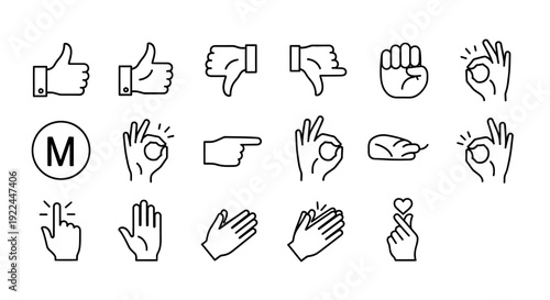 A collection of line art icons representing various hand gestures and symbols, including thumbs up, thumbs down, pointing fingers, and clapping hands.