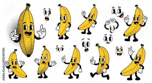 A collection of cartoon bananas with expressive faces and limbs, depicted in various poses and emotions, suitable for graphic design and illustration.
