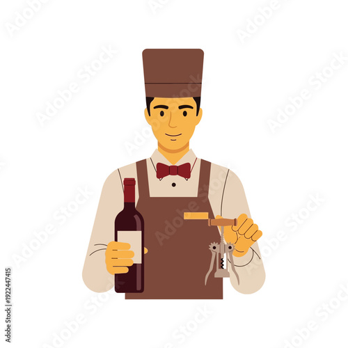 Sommelier opening wine bottle with corkscrew, isolated on white background