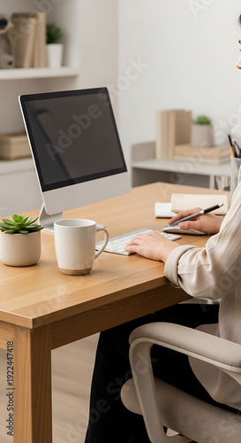 Professional woman working on laptop at wooden desk with coffee and plants in bright home office