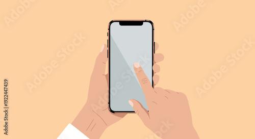 A person's hands holding a smartphone with a blank screen and a finger touching the display.