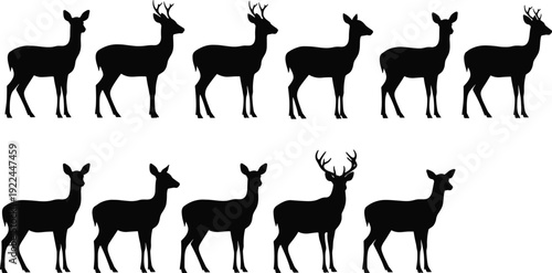 Black Deer Silhouette Vector Set Featuring Various Bucks with Antlers and Does Isolated on White Background for Wildlife Graphic Design