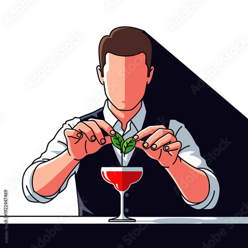 Bartender Garnishing Cocktail with Fresh Mint Leaves