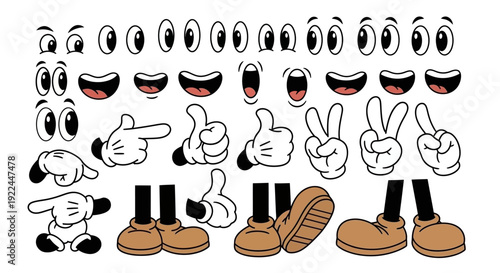 Collection of cartoon character facial features, hands, and feet for animation.