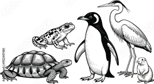 Vintage engraved animal illustration set featuring turtle, frog, penguin, heron, and rodent, detailed wildlife line art isolated background design