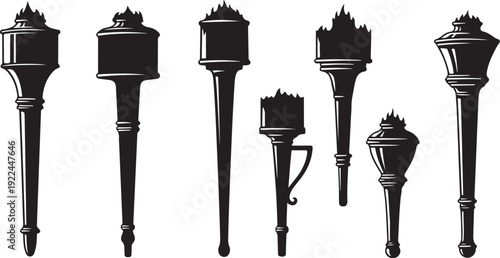 Collection of various black street lamps on white background