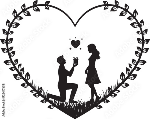 Romantic Silhouette of a Man Proposing to a Woman on One Knee inside a Decorative Leafy Heart Frame