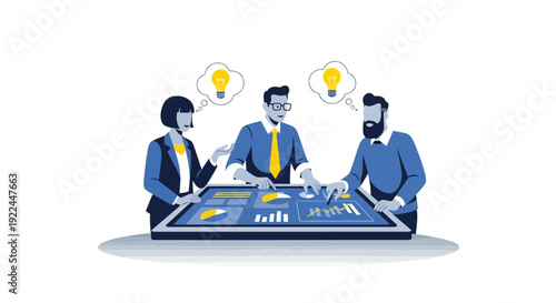 Business team brainstorming with interactive table and lightbulb ideas.