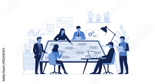 Business team collaborating around a large table with a project plan.