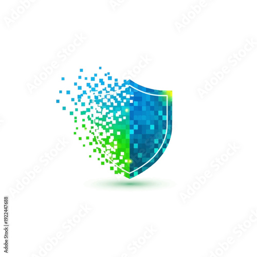 Digital Shield Breaking into Pixels Logo for Cyber Security and Data Protection on an isolated white background