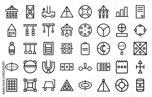 Early childhood development and preschool education icons. Minimalist monoline pictograms for nursery gear, infant sensory toys, and kindergarten learning activities.