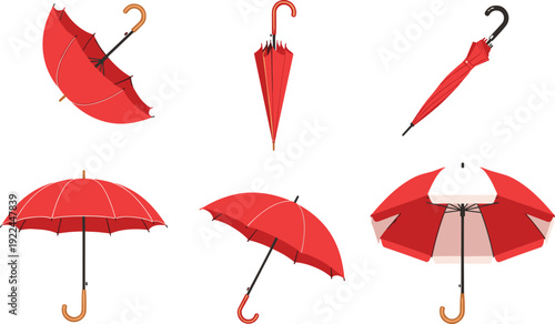 Flat vector illustration set of red umbrella collection with various poses including open closed and folded view for rainy weather protection and fashion.
