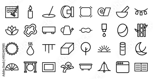 Zen wellness and holistic spa therapy elements for mindfulness branding. Minimalist monoline pictograms featuring meditation tools and oriental relaxation concepts.
