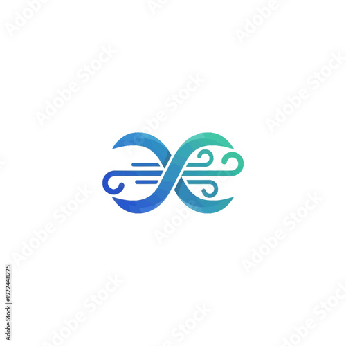 Abstract stylized infinity symbol with flowing wavy lines in blue and green gradient, resembling wind or air currents, isolated white background.