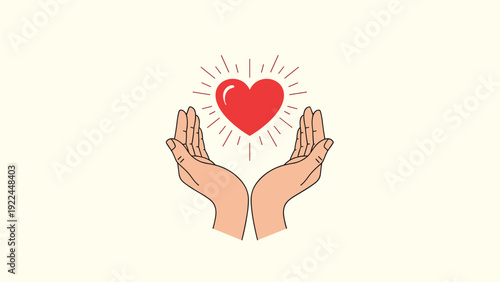 human hands gently cupping a glowing red heart with light rays symbolizing love compassion charity and emotional support concept.