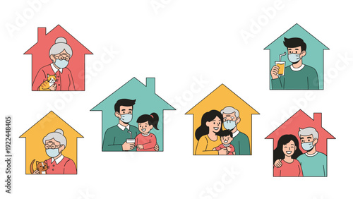 concept of social distancing and staying safe at home during quarantine with diverse families wearing masks inside colorful house shapes.
