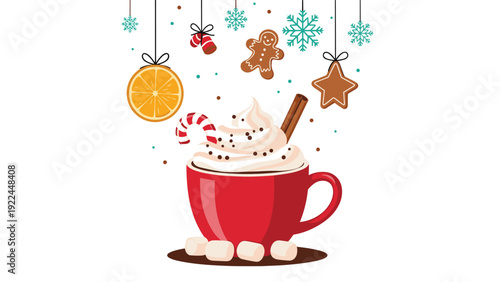 cozy winter beverage illustration of hot cocoa with whipped cream and sprinkles surrounded by hanging ornaments and christmas treats.