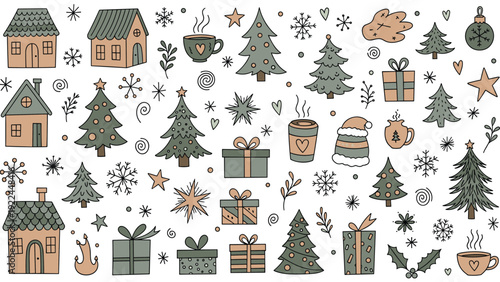 whimsical hand drawn christmas doodles including houses pine trees gifts coffee cups and snowflakes in a warm earthy color palette.