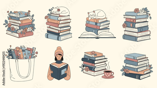 cute illustrations of people and cats enjoying books with flower accents and coffee representing a cozy hobby and library lifestyle.