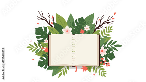 blank open notebook or sketchbook surrounded by lush green tropical leaves and colorful flowers representing creativity and journaling.