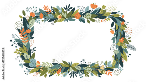 decorative rectangular frame made of lush green leaves and vibrant orange flowers in a charming hand drawn botanical illustration style.