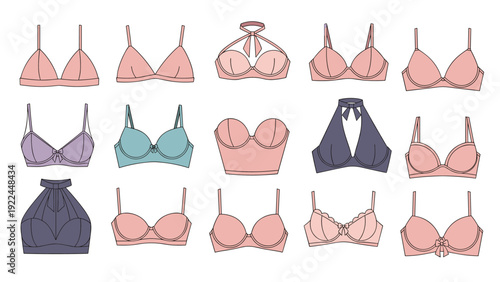 collection of different bra and lingerie styles in various colors and designs for fashion illustration and retail clothing concepts.