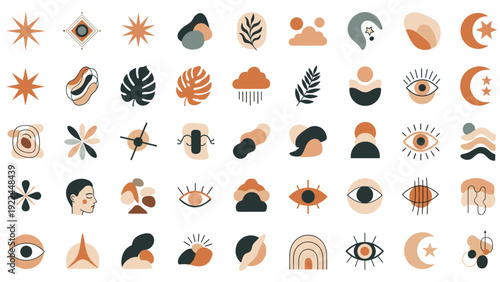 artistic collection of boho elements featuring abstract shapes mystic eyes celestial moons and botanical leaves in a trendy earthy style.