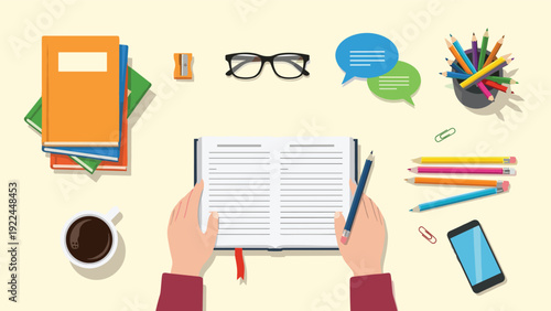 overhead view of a productive workspace with a person writing in a notebook surrounded by coffee books glasses and colorful pencils.