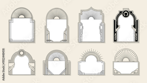 elegant collection of art deco frames and borders with geometric designs and sunburst patterns for vintage style invitations or posters.