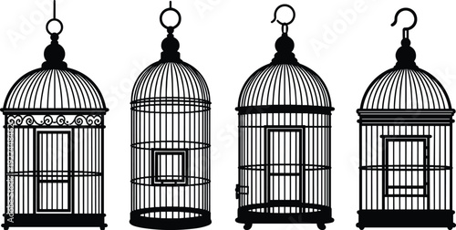 Vintage birdcage silhouette set, antique decorative cage collection in black vector illustration isolated on white background for wall art design
