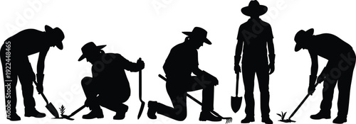 Black Silhouette Set of Professional Gardeners and Farmers Working with Shovels and Rakes in Various Poses Isolated on White Background for Vector