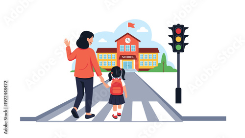 mother and young daughter walking to school across a pedestrian crossing with a traffic light and school building in the background.