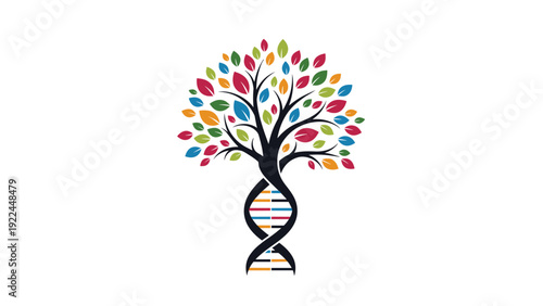 artistic tree illustration with a dna double helix trunk and vibrant colorful leaves representing biology inheritance and growth.