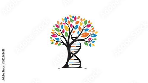 colorful tree of life with a dna double helix trunk and multi colored leaves representing genetics nature and biological evolution.