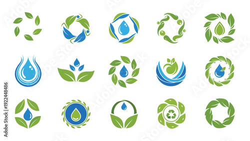 collection of eco friendly logo designs featuring green leaves and blue water drops symbolizing sustainability and environmental care.