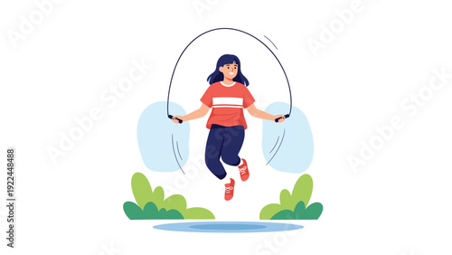 active young girl jumping rope in a park setting with green bushes representing childhood fitness healthy lifestyle and outdoor play.