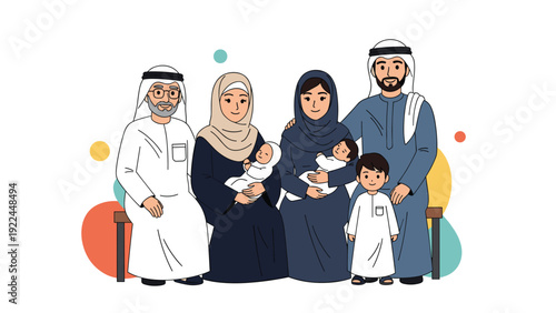 large multi-generational arab family portrait featuring grandparents parents and children in traditional clothing for ramadan celebration.