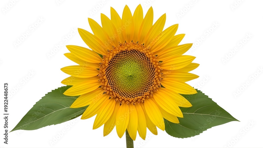 Obraz premium A large yellow sunflower with green leaves on transparent background