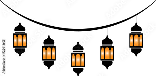 Islamic ramadan lanterns hanging on decorative string vector illustration for eid mubarak celebration greeting cards and festive banners