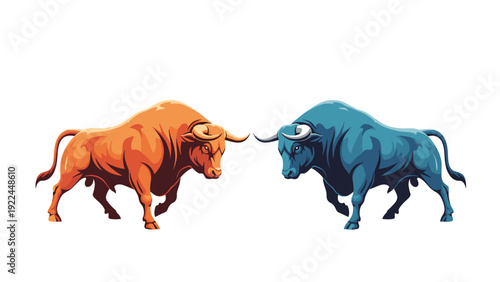 Two powerful bulls in red and blue colors facing each other in a head-to-head confrontation representing market competition.