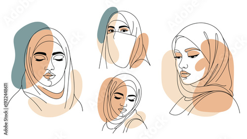 Artistic line art portraits of muslim women in hijabs and a niqab with abstract earth toned color shapes and blobs.
