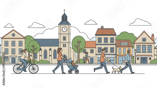 Lively city street with people cycling, walking a dog, jogging, and pushing a stroller past old european style buildings.