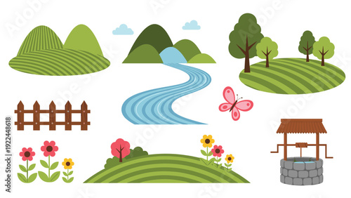 Collection of rural landscape elements including rolling green hills, a winding blue river, trees, flowers, and a water well.