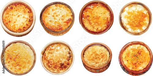 Watercolor Rice Pudding in Ceramic Bowls Clipart Set