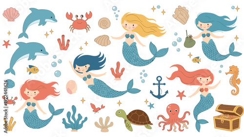 Enchanting collection of cute mermaids swimming with dolphins, turtles, octopuses, and crabs among colorful coral reefs.
