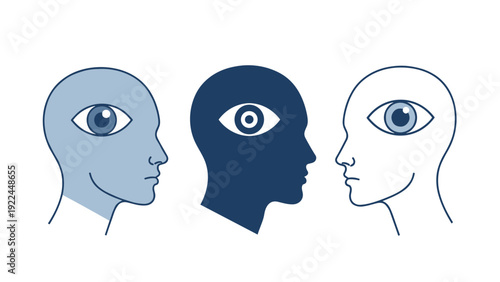 Stylized profiles of three human heads in blue and white tones features central eyes symbolizing vision and perception of the mind.